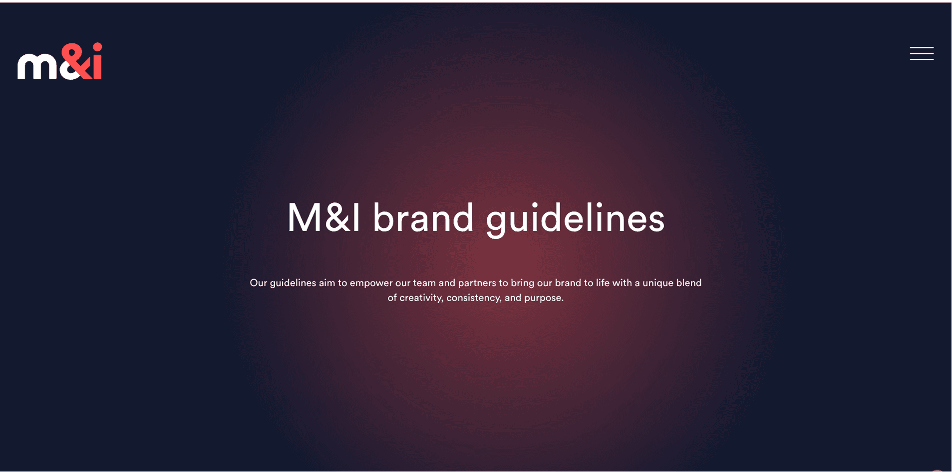 M&I brand guidelines cover with a coral glow on navy