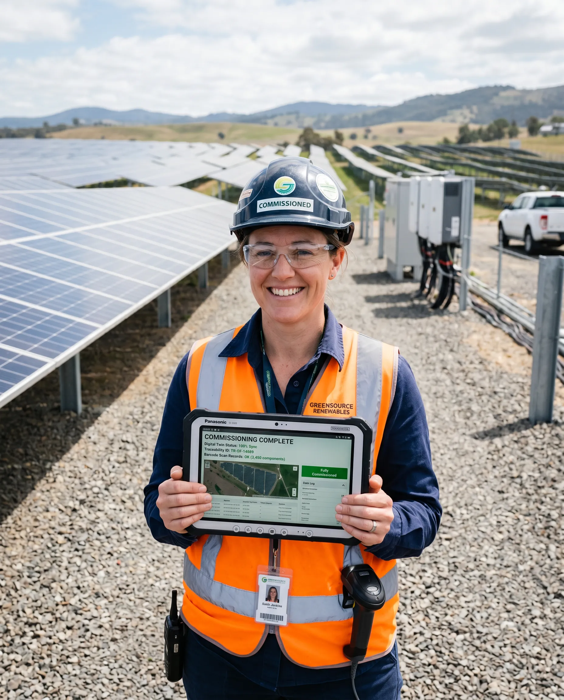 A woman works on a laptop displaying a global solar operations dashboard, seated at a desk in a bright office with solar panels visible outside the window.