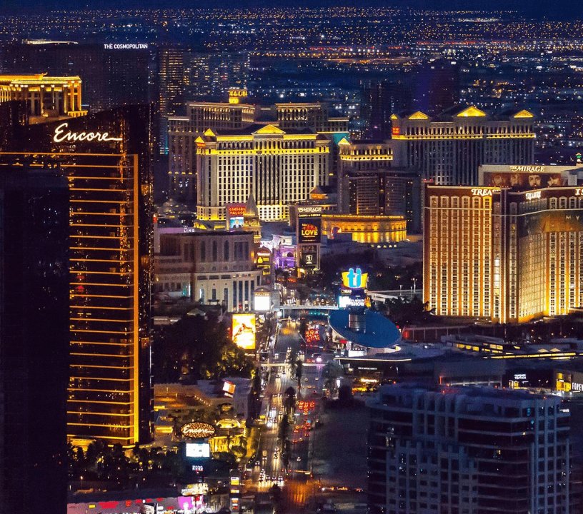 View of the Las `vegas Strip lit up at night from the STRAT, the tallest observation tower in America