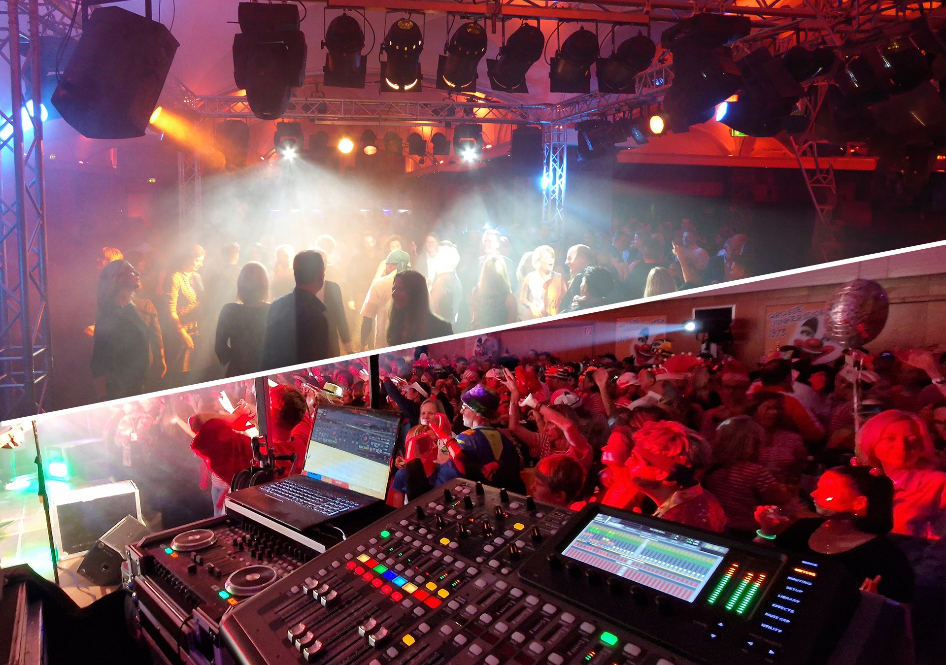 DJ Equipment, Lichttechnik, Mischpult, tanzende Menschen, gute Stimmung