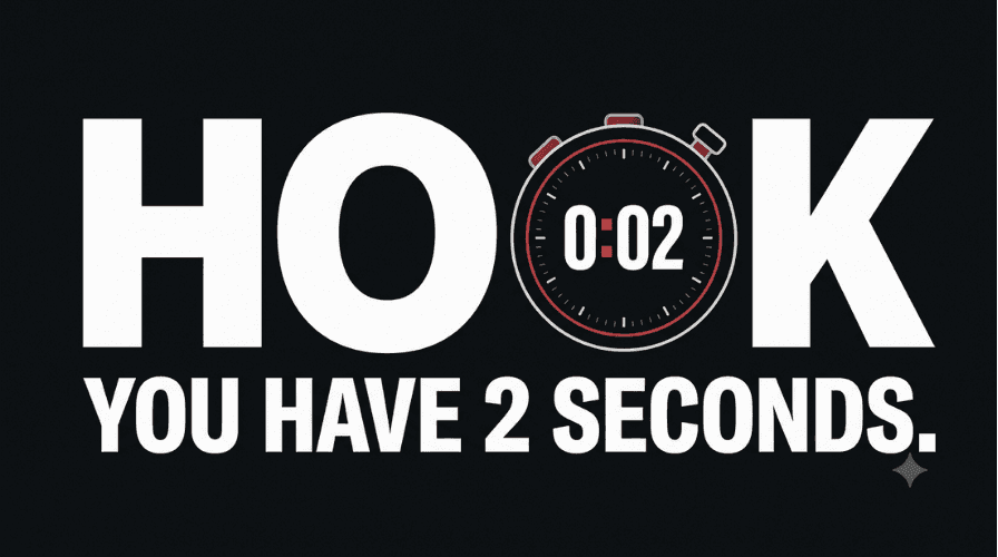 Bold typographic image on black background with HOOK in large white text, a stopwatch showing 0:02, and the words YOU HAVE 2 SECONDS below