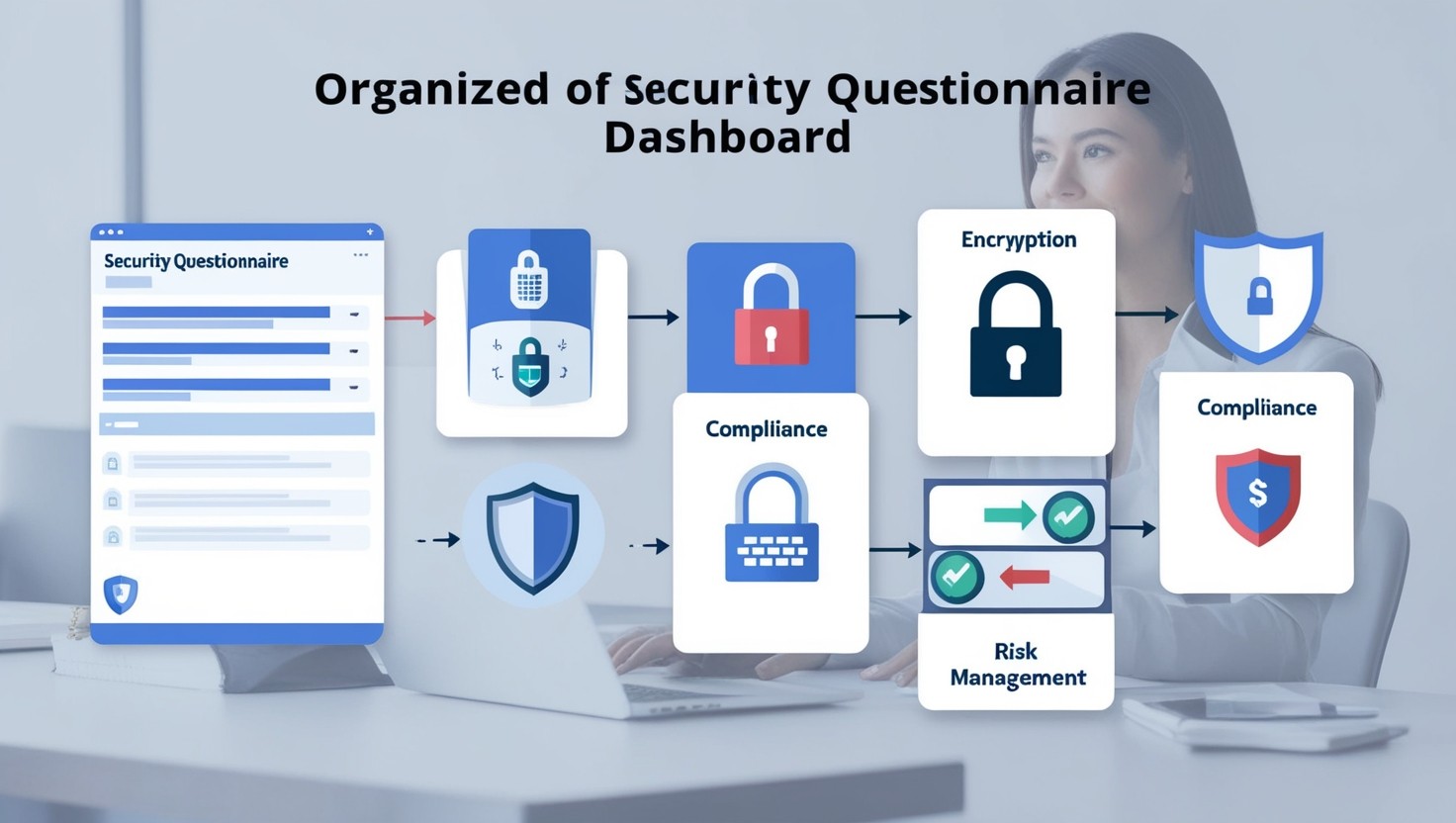 Security questionnaire process depicted on a modern dashboard with icons representing encryption, compliance, and risk management.