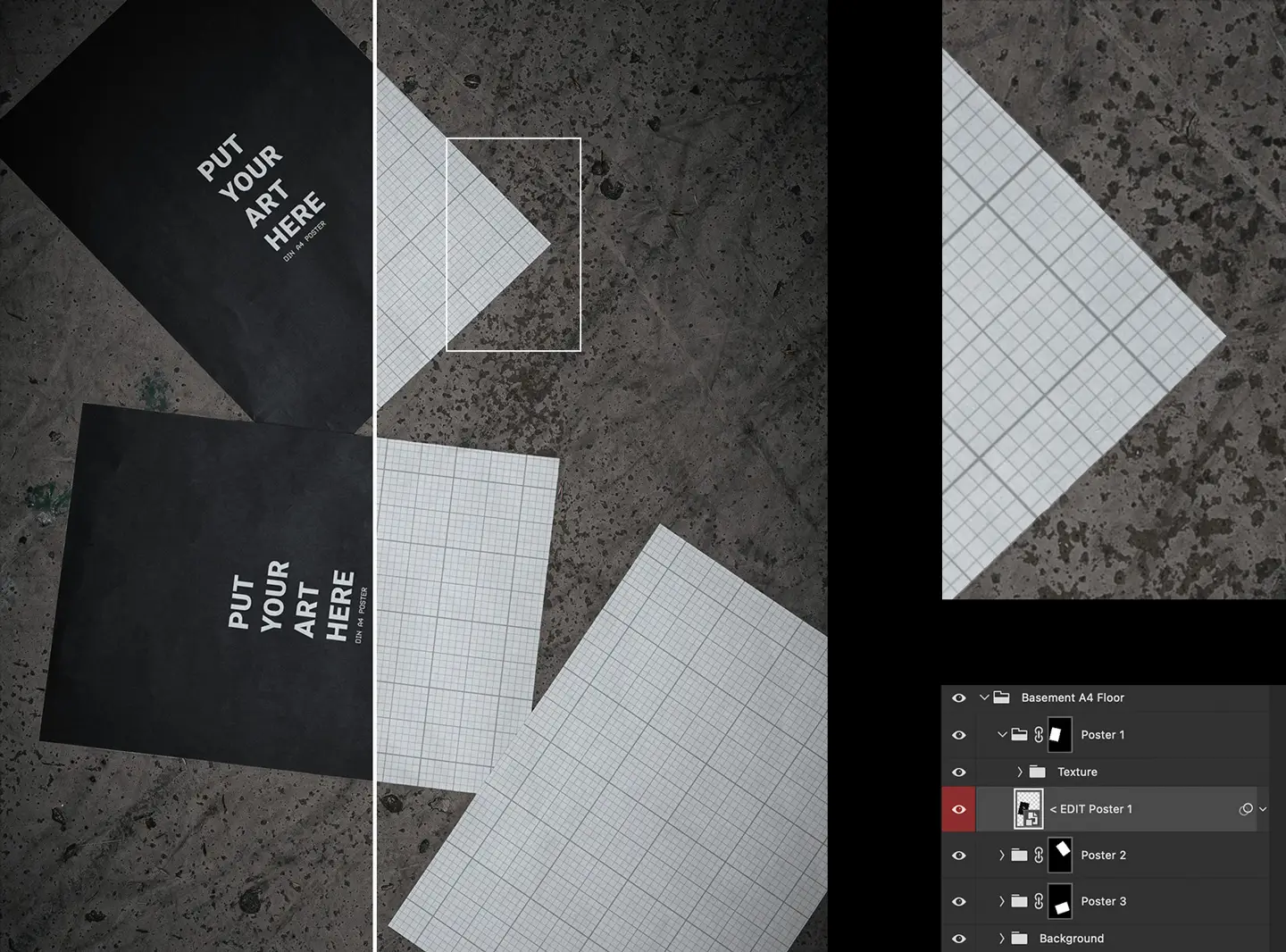 Inside look at the organized layers and smart object placement for the Outdoor A4 Poster Mockup
