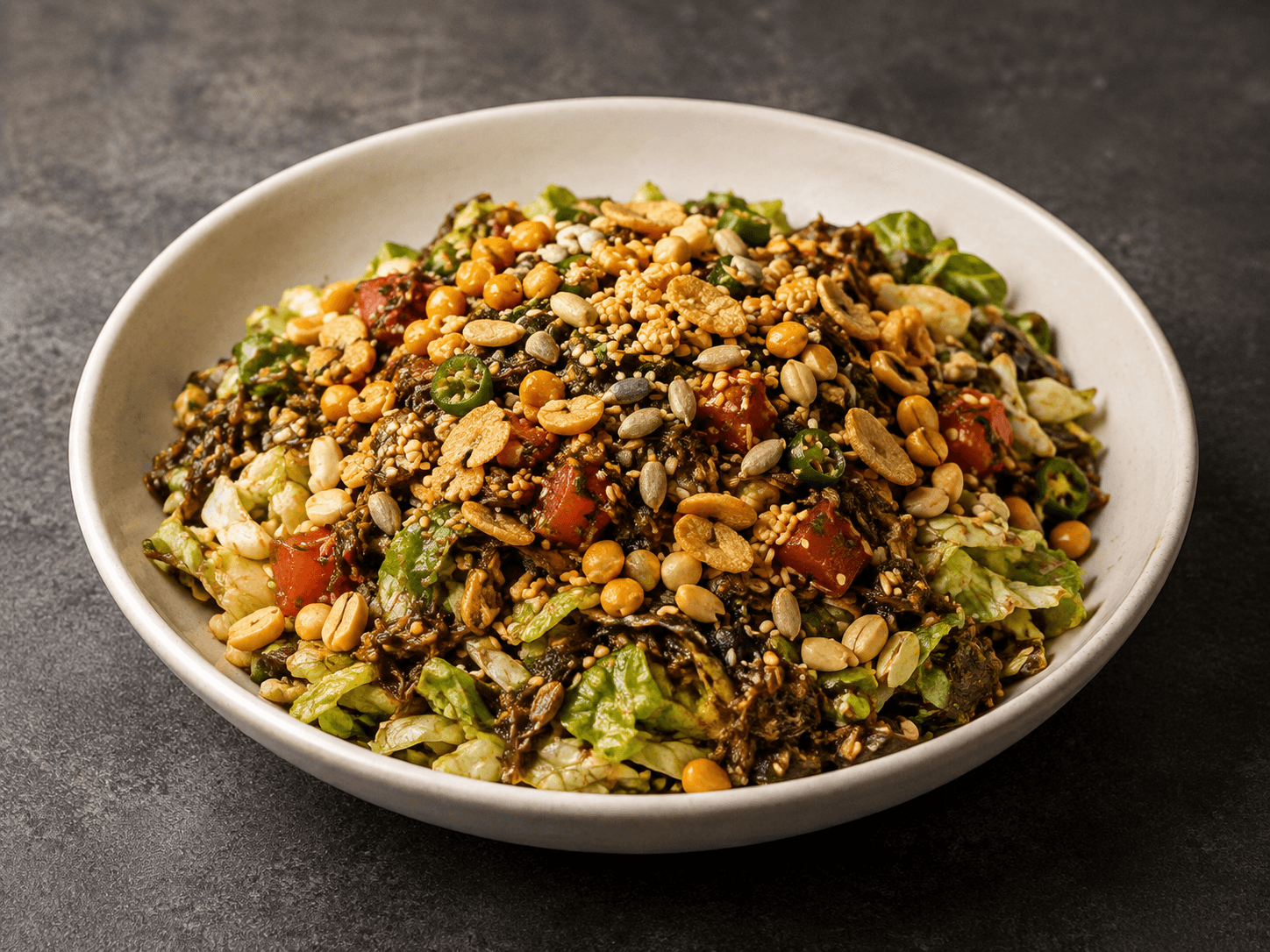Salade de feuilles de thé (laphet thoke) — photographie recadrée du plat