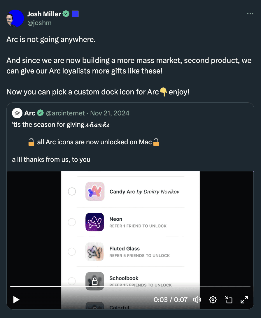 Screenshot of Josh Miller's post about Arc "not going anywhere"