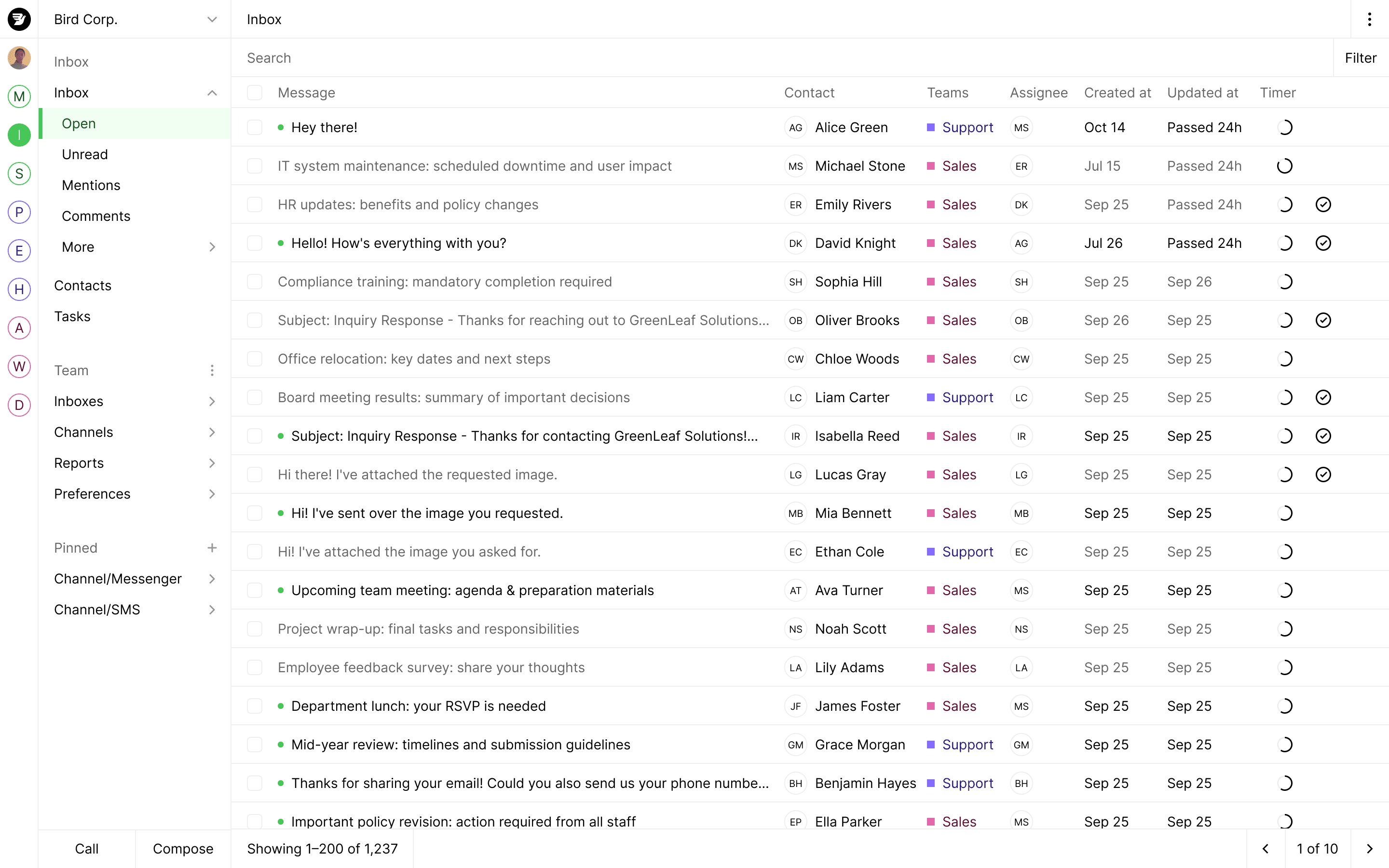 客户支持工单管理界面，显示消息历史和分配的代理状态以及操作工具栏