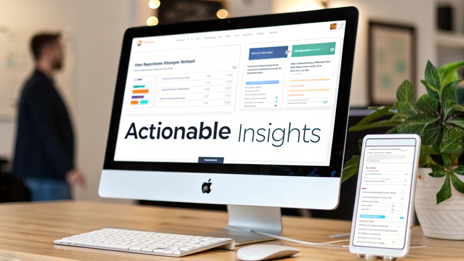 An Apple iMac and smartphone display business dashboards with 'Actionable Insights' on a modern desk.
