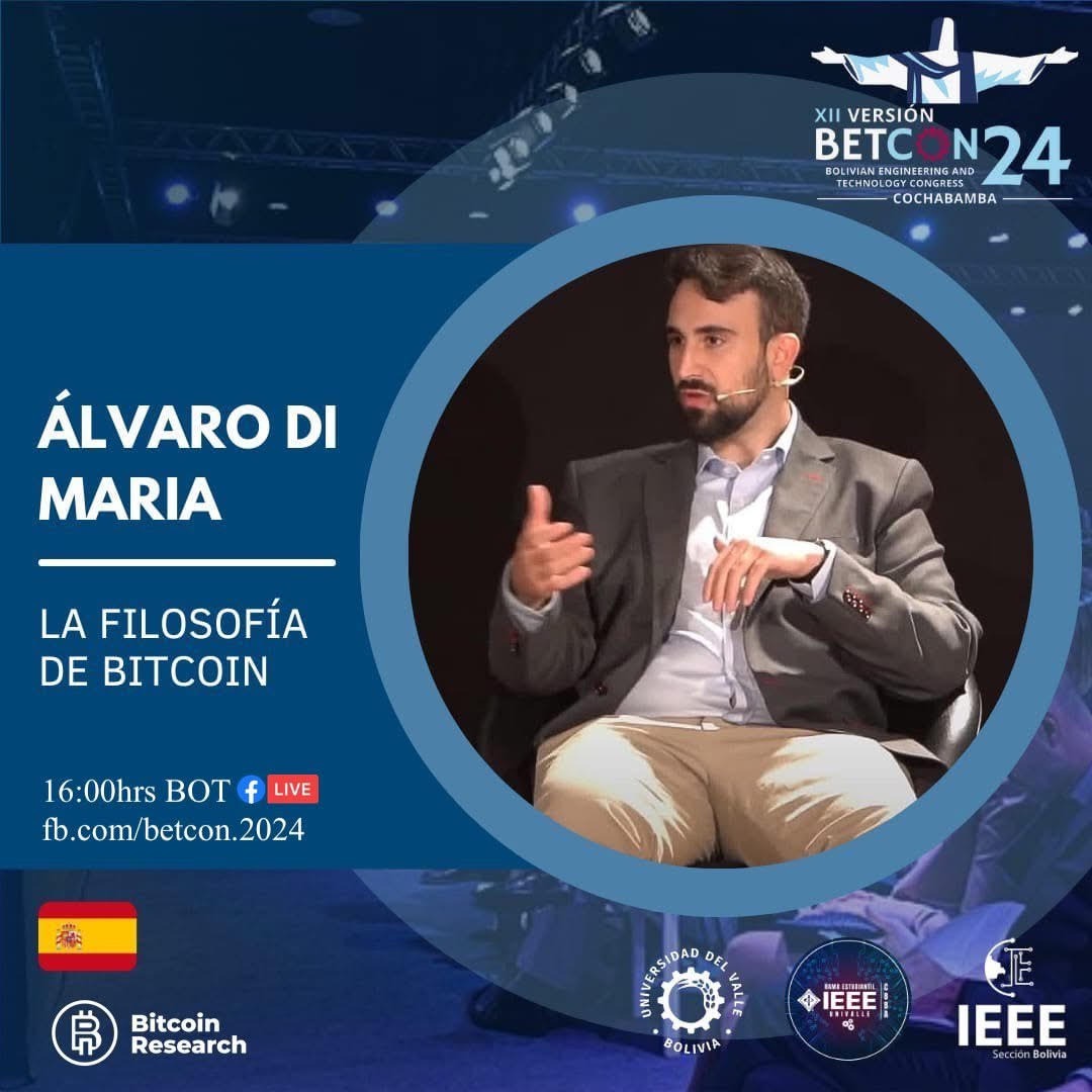 BETCON 2024 promotional card featuring speaker Álvaro Di Maria on Bitcoin philosophy, organised by Bitcoin Research Bolivia
