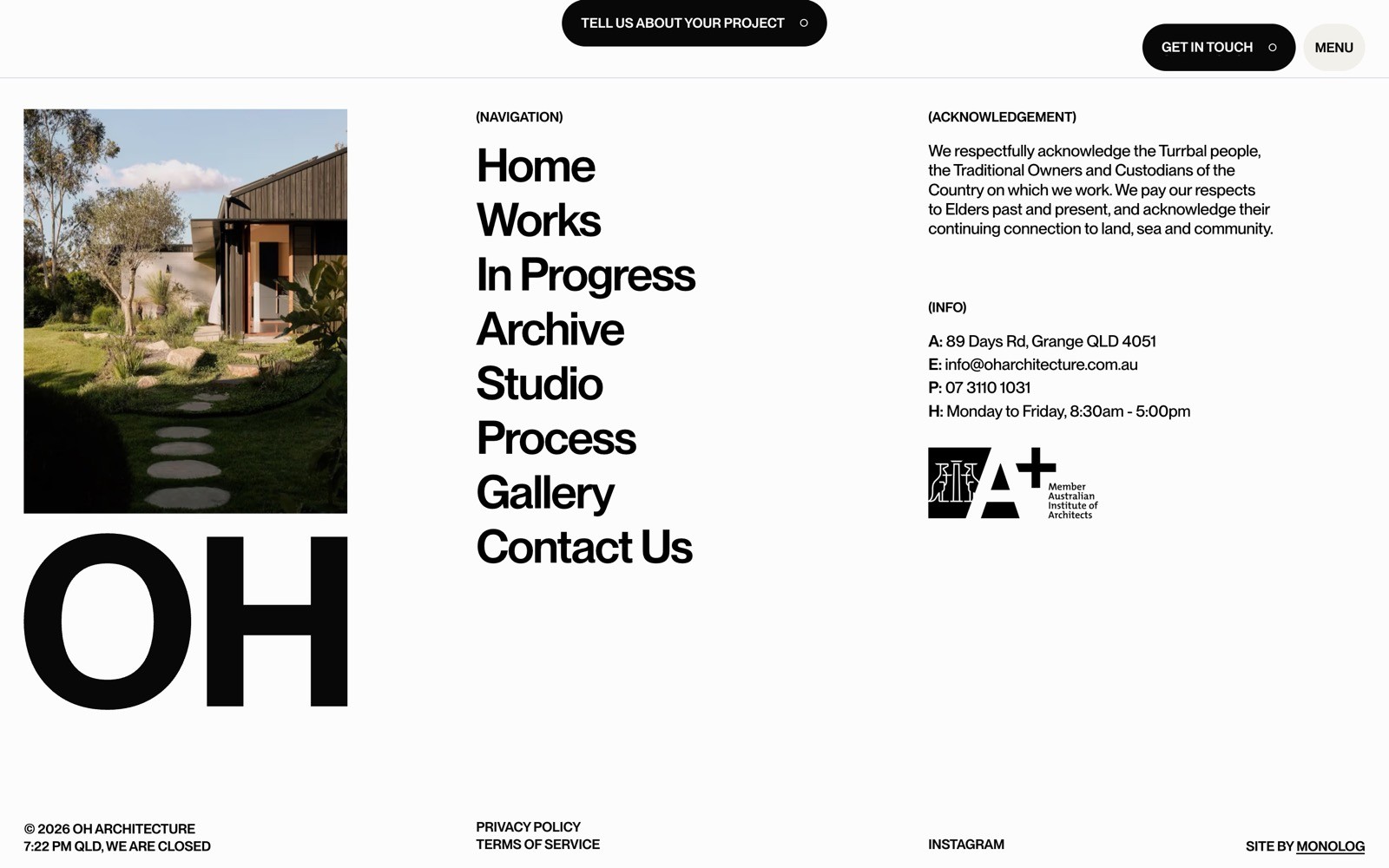 Modern website design with minimal layout. Left side features a wooden house and "OH." Right side lists navigation and contact info.