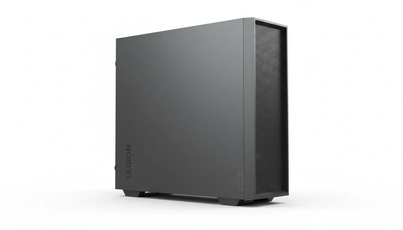 DSLR studio product photograph of a modern Lenovo Legion gaming PC tower, side profile view, minimalist composition. The chassis is made of a clean, matte dark gray metal. A subtle, darker gray "LEGION" logo is printed vertically on the side panel. The front right edge has a perforated mesh grille for airflow. The entire computer is perfectly sharp and in focus, isolated on a seamless pure white background with a soft contact shadow underneath. The scene is lit with even, soft studio lighting, creating subtle gradients and highlights on the metal surface.