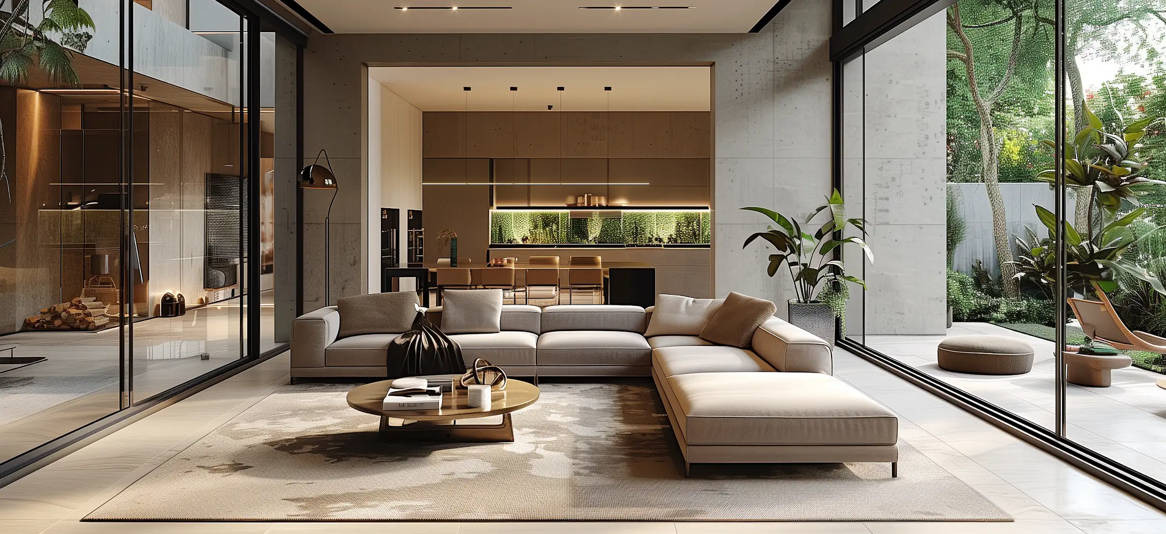Contemporary living room with neutral tones and clean layout