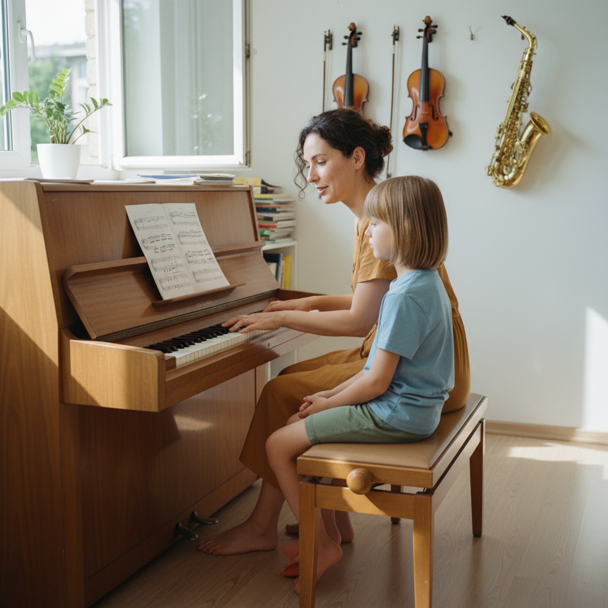 Ein heller Unterrichtsraum mit offenem Fenster, ein Klavier glänzt im warmen Nachmittagslicht. Eine Lehrerin sitzt neben einem Kind auf der Bank und gibt leise Einsätze. Auf dem Notenpult liegt ein bekanntes Stück, Pausen werden ruhig geübt. An der Wand hängen Geigen und ein Saxofon.