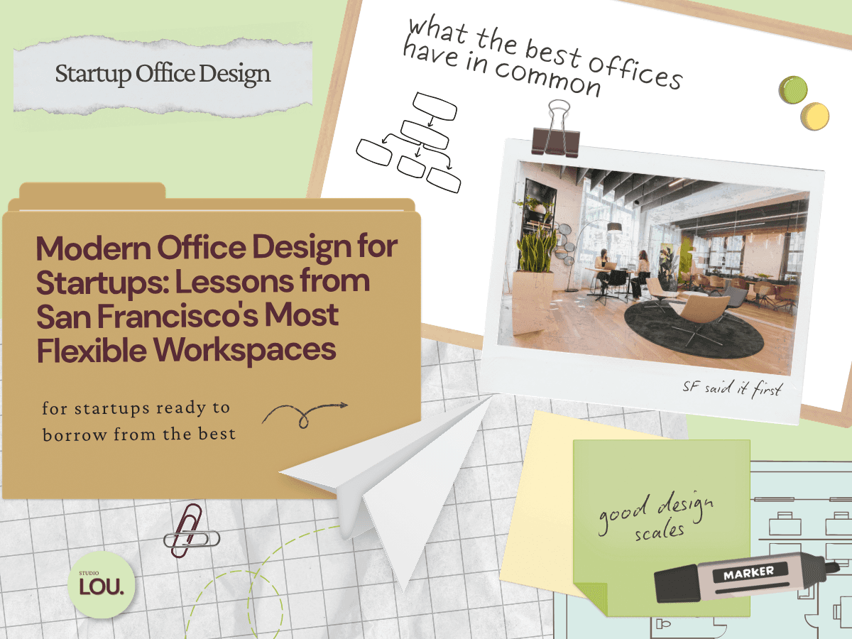 Papercraft-style blog header with a manila folder titled Modern Office Design for Startups: Lessons from San Francisco's Most Flexible Workspaces, grid paper background, dry erase board with org chart doodle, polaroid photo of a light-filled modern coworking space with plants and lounge seating clipped with a binder clip, paper airplane, sage green sticky note, floor plan illustration, and marker.