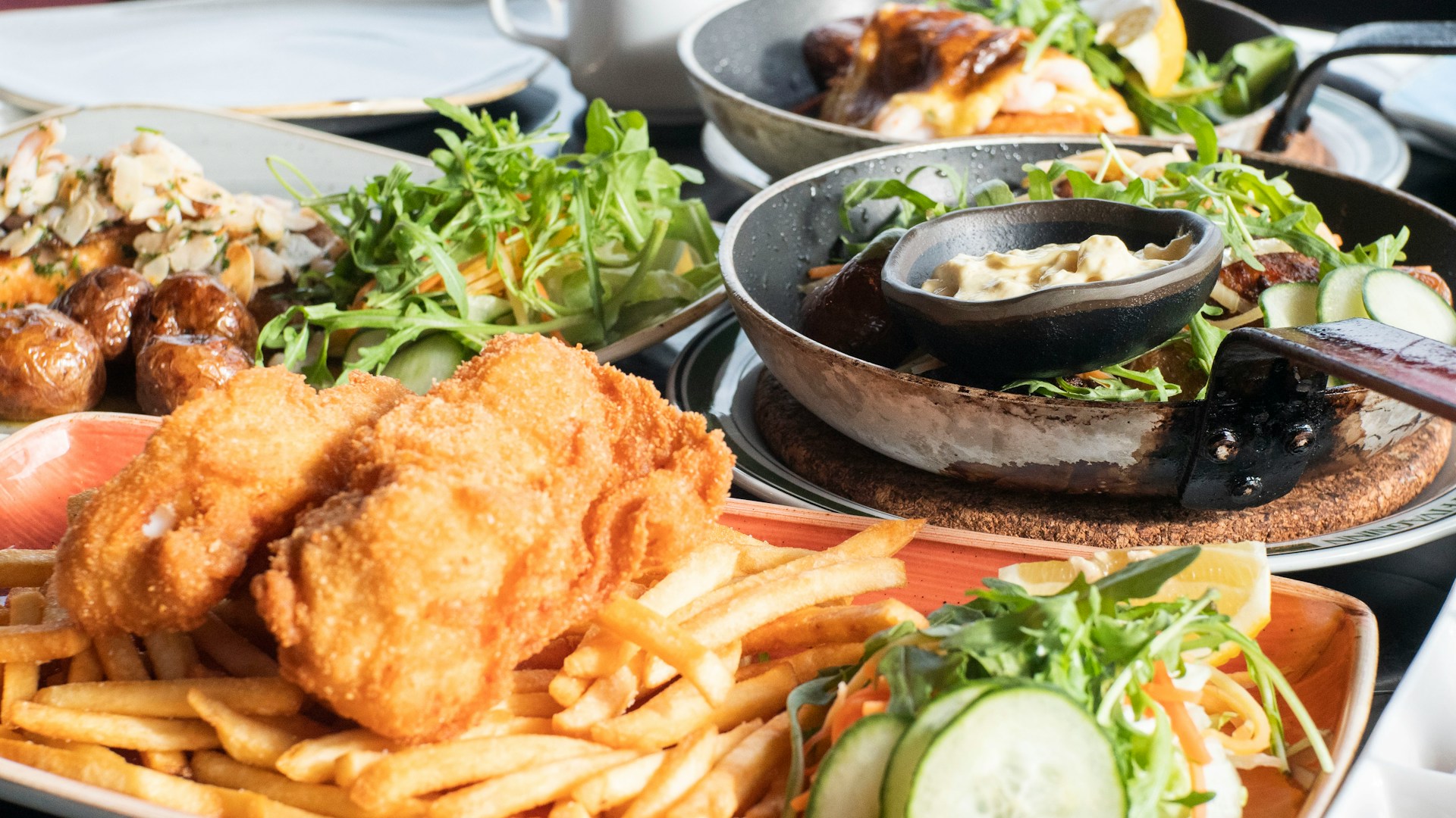 Golden Icelandic fish and chips with fresh salad at a downtown Reykjavík restaurant.