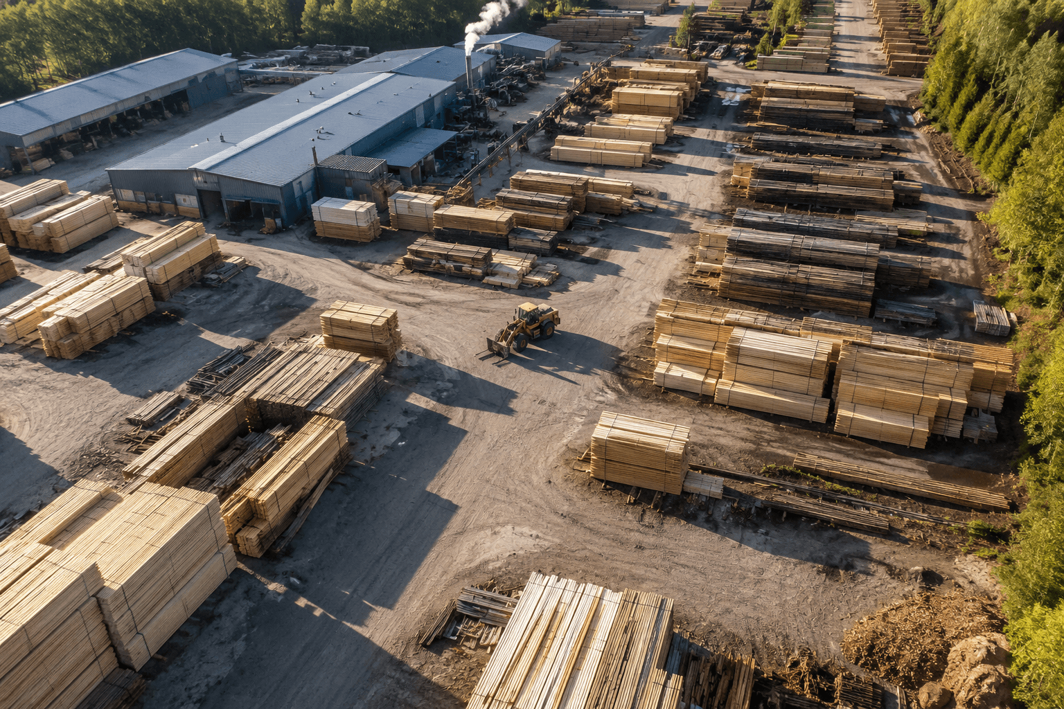 Aerial view of a timber yard with stacked lumber and access roads