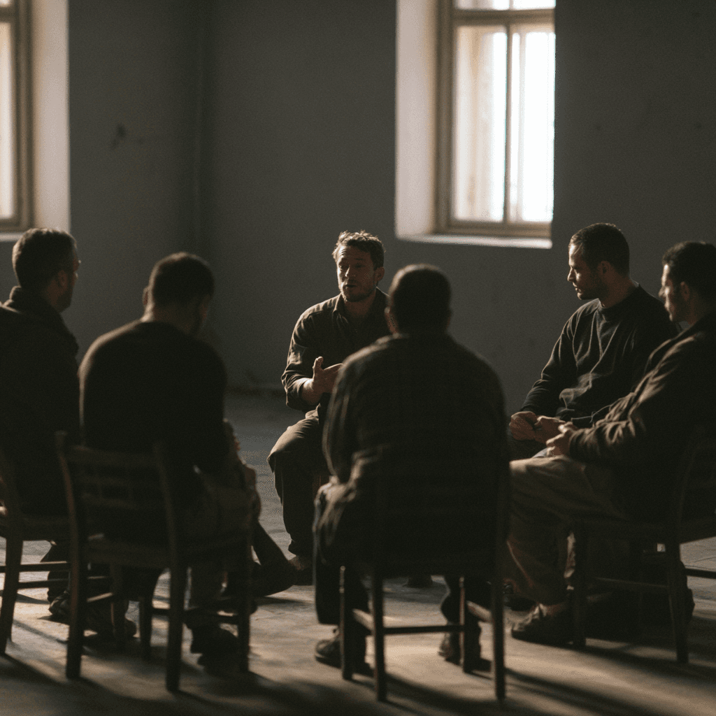 A small group of men sitting in a circle of chairs talking in a plain room