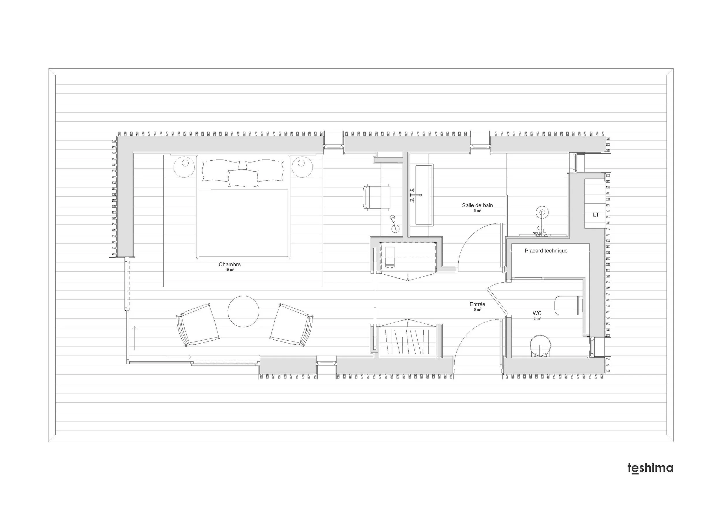 Plan d'aménagement intérieur de l'écolodge Teshima 34 m², salon, chambre et mezzanine