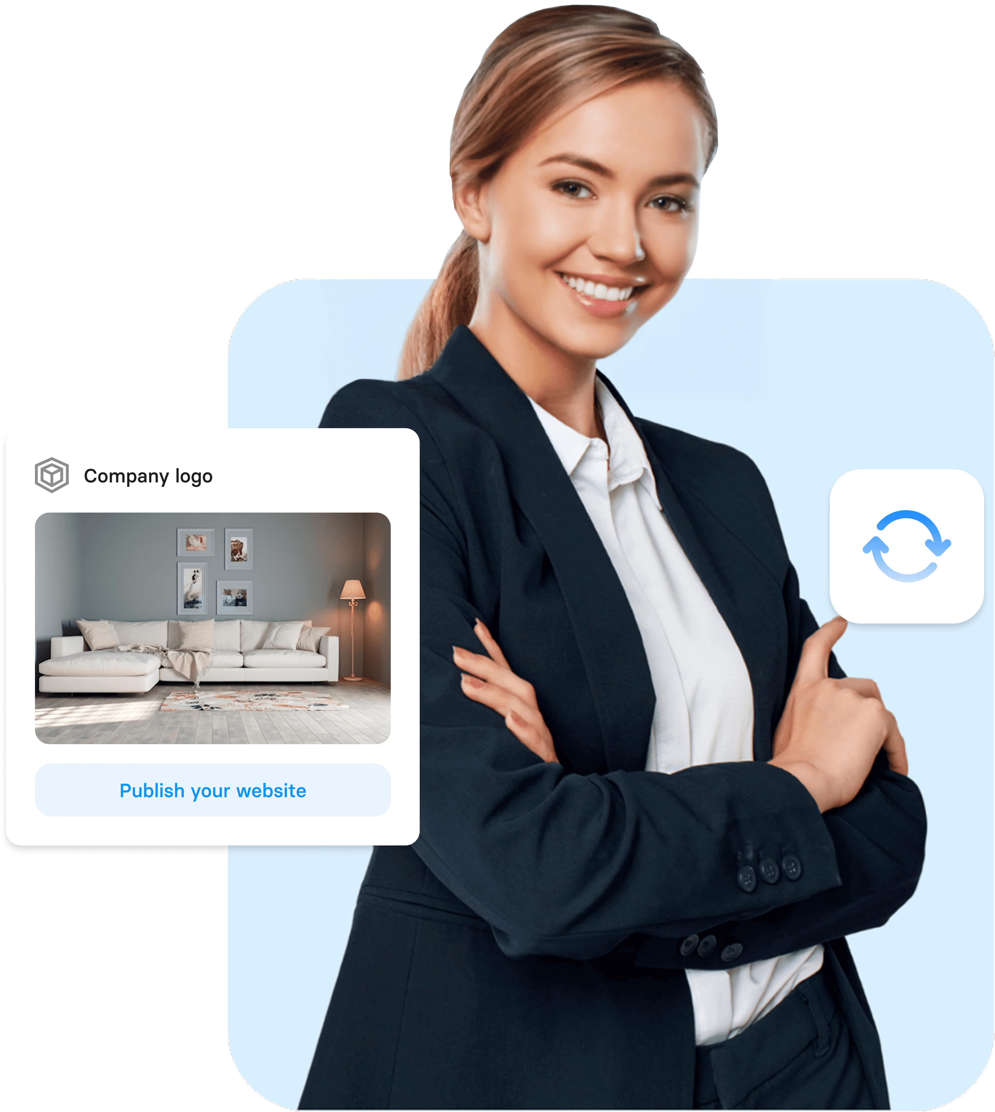 Smiling woman in business suit with website mockup