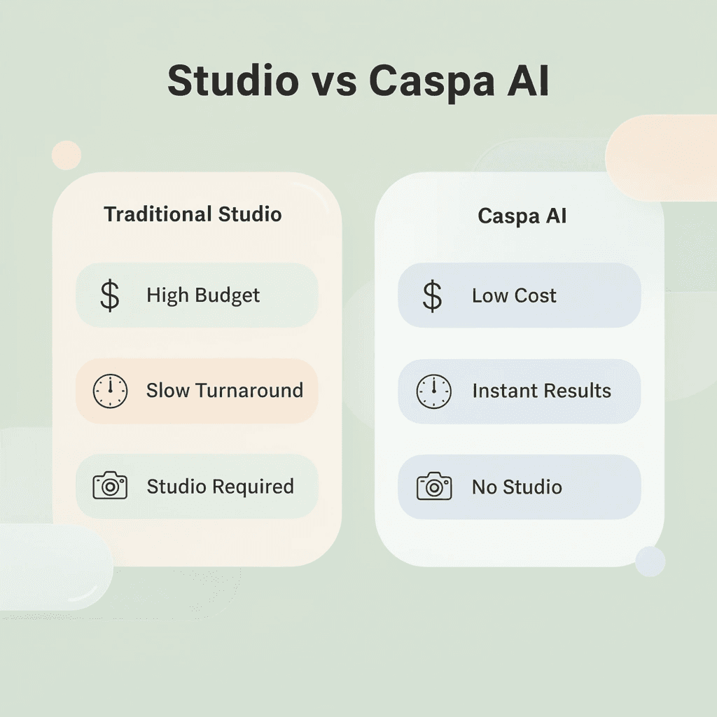 Comparison infographic of traditional photography versus Caspa AI