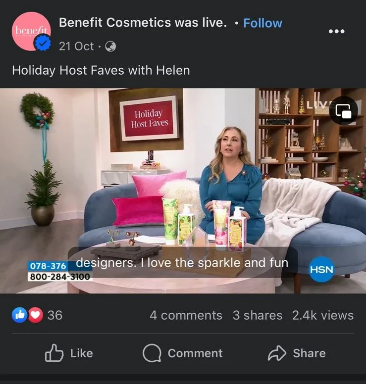 A screenshot of a go live post by Benefits Cosmetics