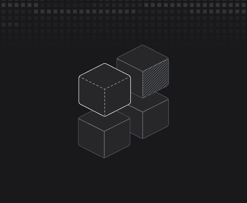 A dark backdrop with several white cubes displayed in various positions.