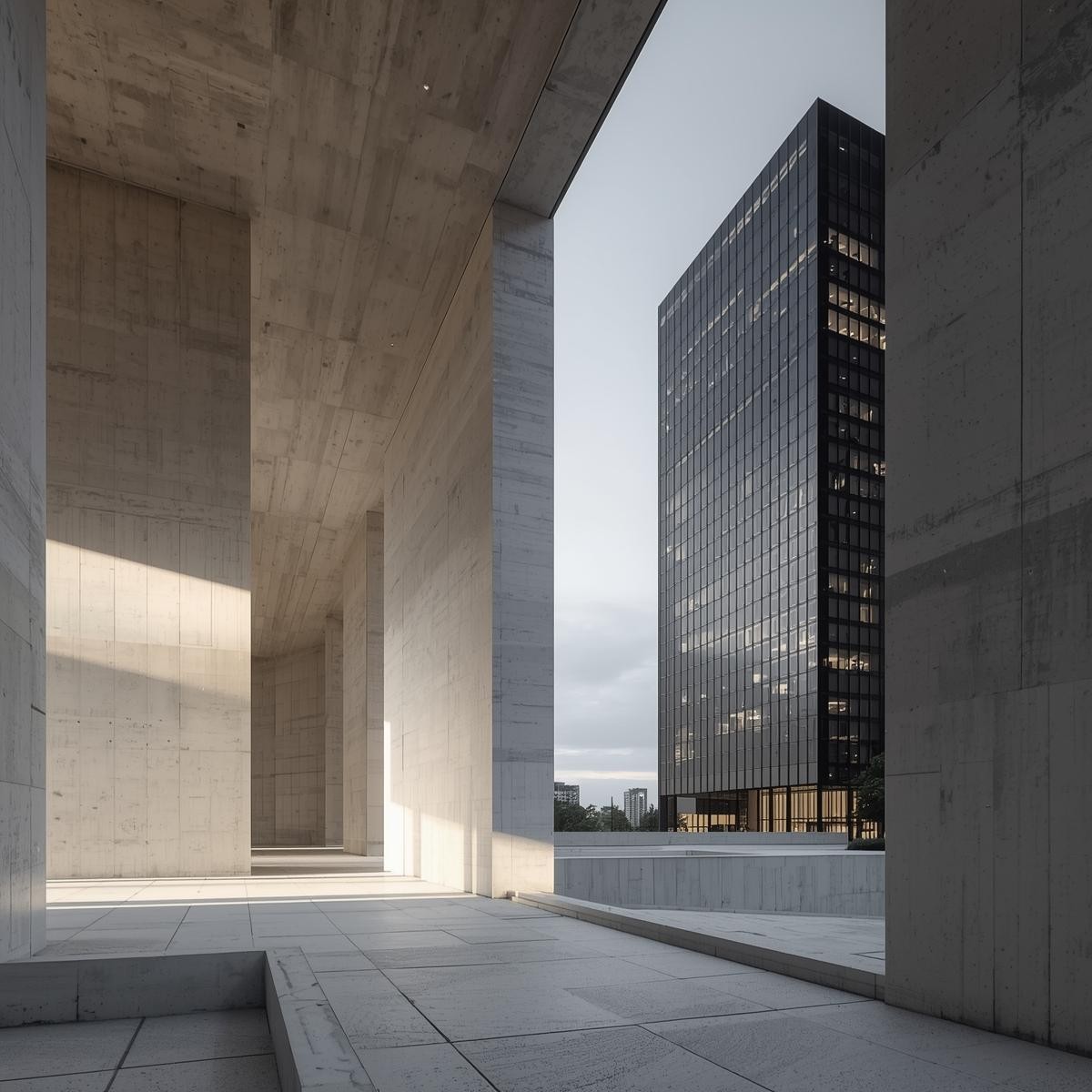 Dark reflective skyscraper made of glass and volcanic stone rising in Dubai skyline