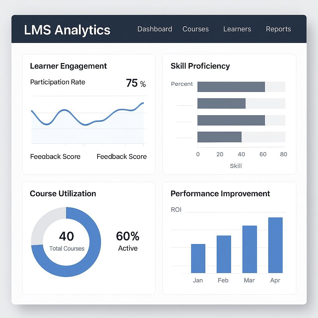 A clear, professional screenshot or mock-up of a modern Learning Management System (LMS) analytics dashboard. The dashboard should display various L&D metrics visually, such as interactive charts and graphs showing learner engagement trends (e.g., participation rates, feedback scores), skill proficiency progress, course utilization, and potentially a simplified ROI calculation or a performance improvement metric. The design should be clean, user-friendly, and data-rich, with clear labels and intuitive data visualizations. The purpose of this image is to visually demonstrate how an advanced LMS provides actionable insights through comprehensive metric tracking, making the abstract concept of 