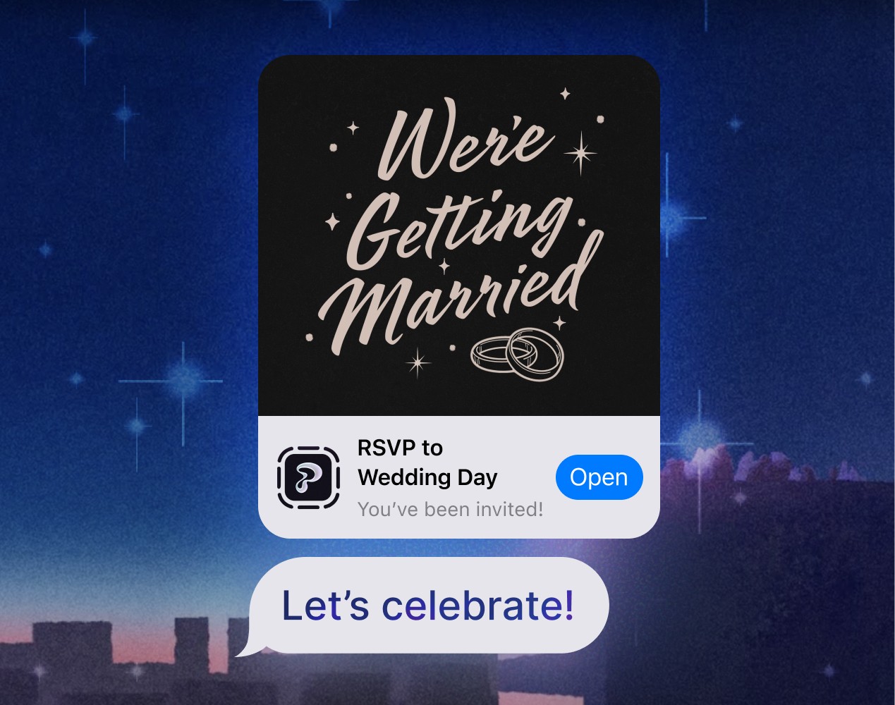 Party planning app feature demonstrating group text updates with an event reminder and customizable messages.