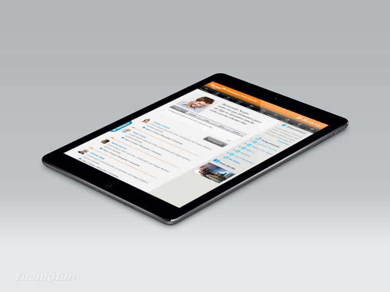 Tableta con pantalla de perfil de red social Banesto en diseño moderno.