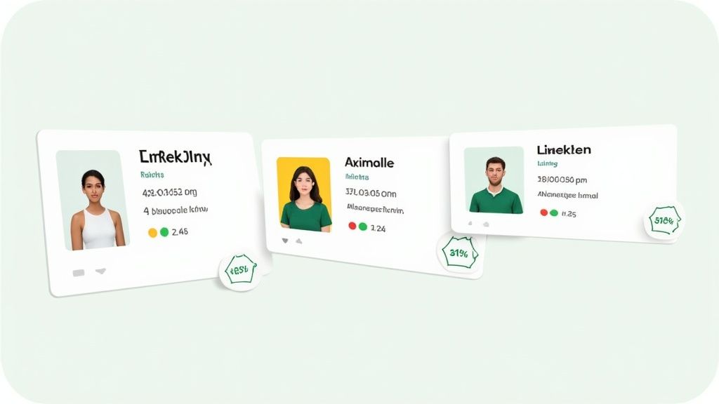 Drei weiße Karten mit Profilbildern und Textinformationen vor einem hellgrünen Hintergrund.