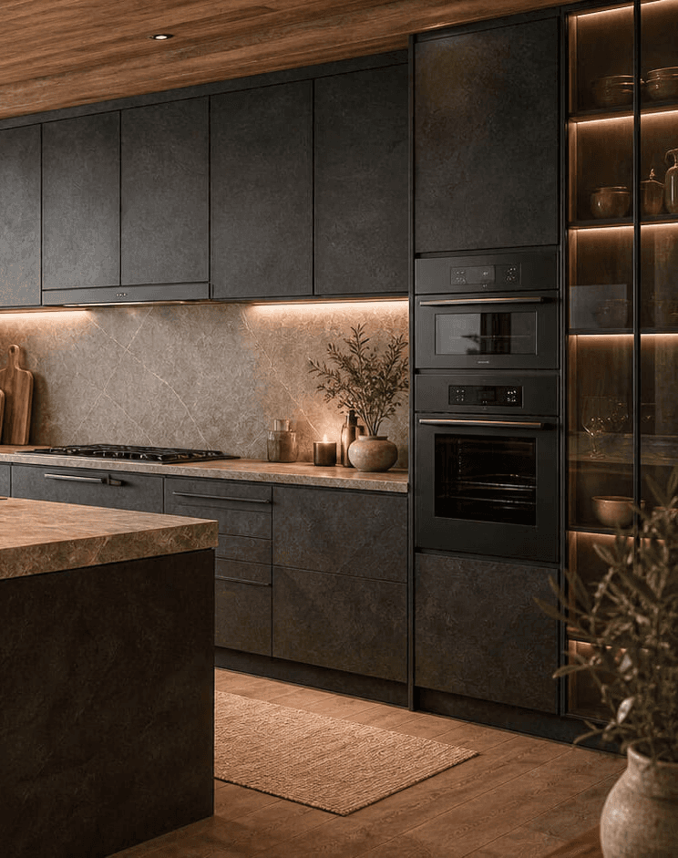Timber kitchen with a stone worktop, dark cabinets and built-in ovens