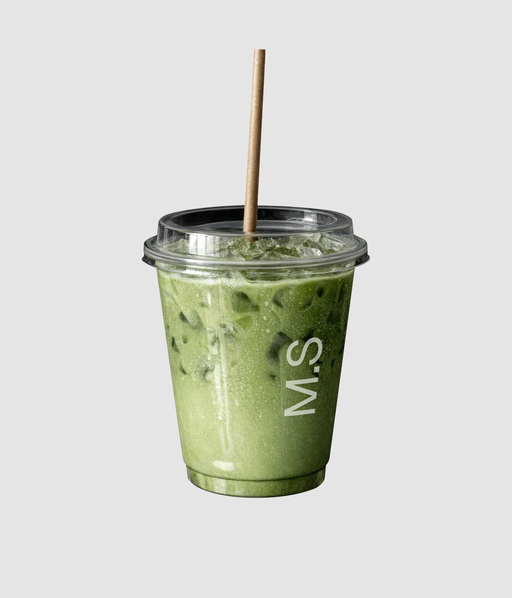 Realistic iced matcha drink mockup in clear plastic cup for beverage design download on Mockups Supply