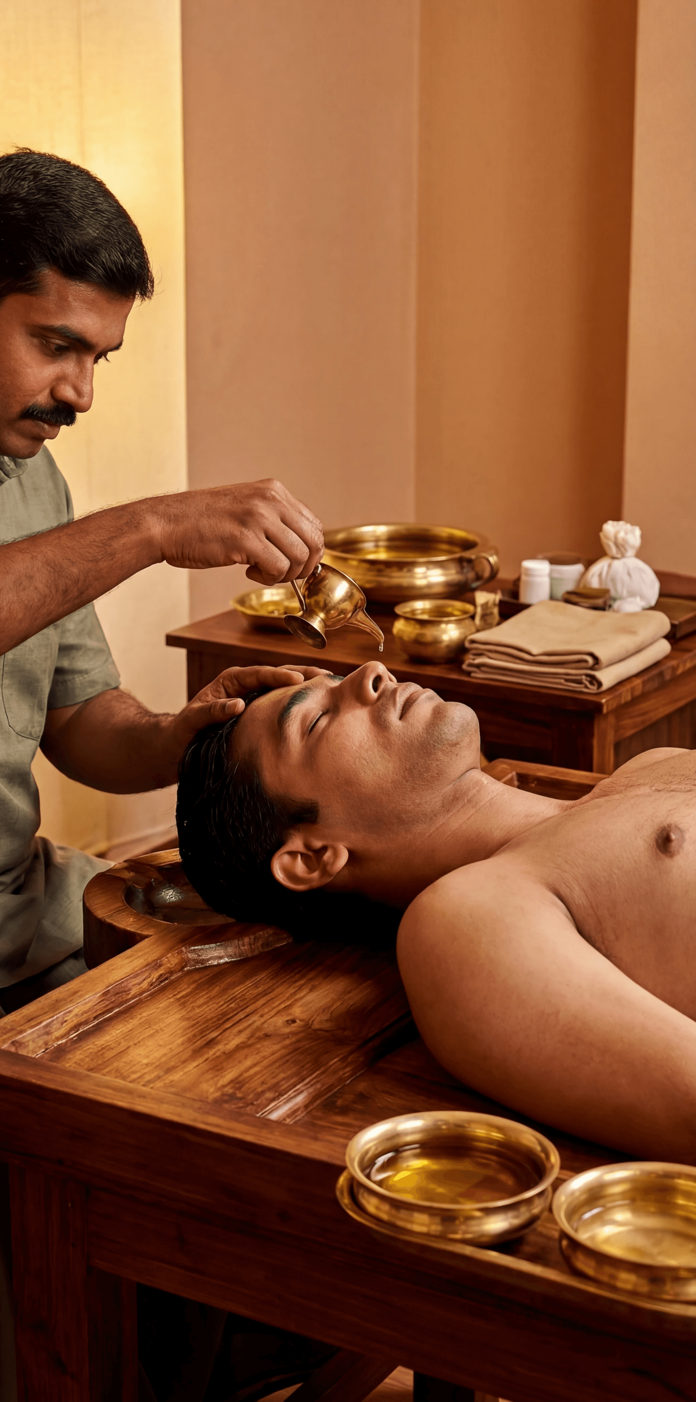 A fully enclosed indoor Ayurvedic therapy room. A male Indian Ayurvedic practitioner wearing muted green traditional attire is seated beside the head of a male patient receiving classical Nasyam. The male patient lies supine on a traditional Indian wooden pathi, head supported and slightly extended. The practitioner supports the forehead with one hand and administers medicated herbal oil drop by drop into the nostrils using a small metal Ayurvedic vessel. Patient’s eyes closed, expression calm. Warm ambient indoor lighting, plain enclosed background, no windows. Brass bowls and linen cloths nearby. Precise, professional, classical Panchakarma atmosphere.