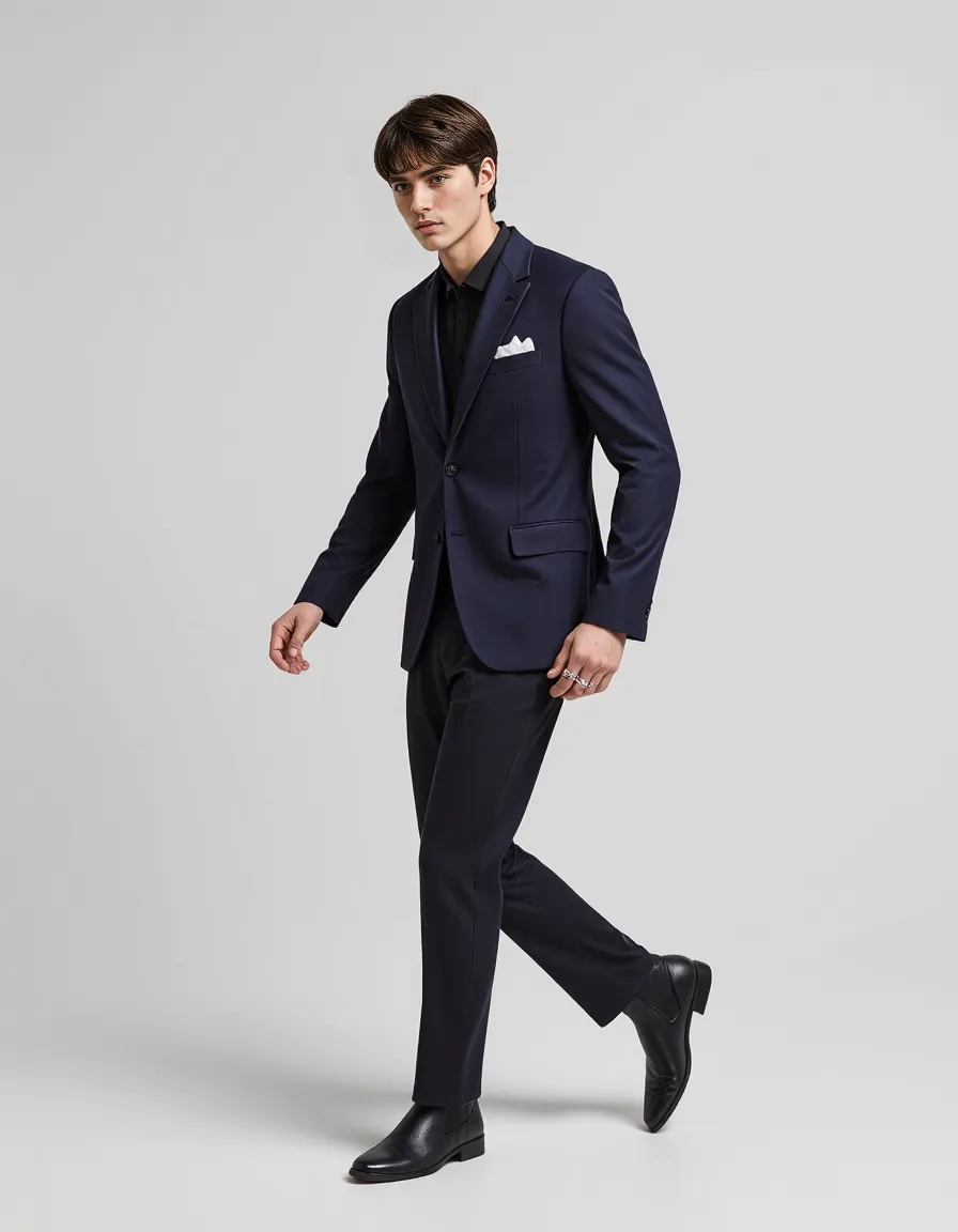 Professional fashion photograph showing a navy suit and black shirt combination against a minimalist gray background