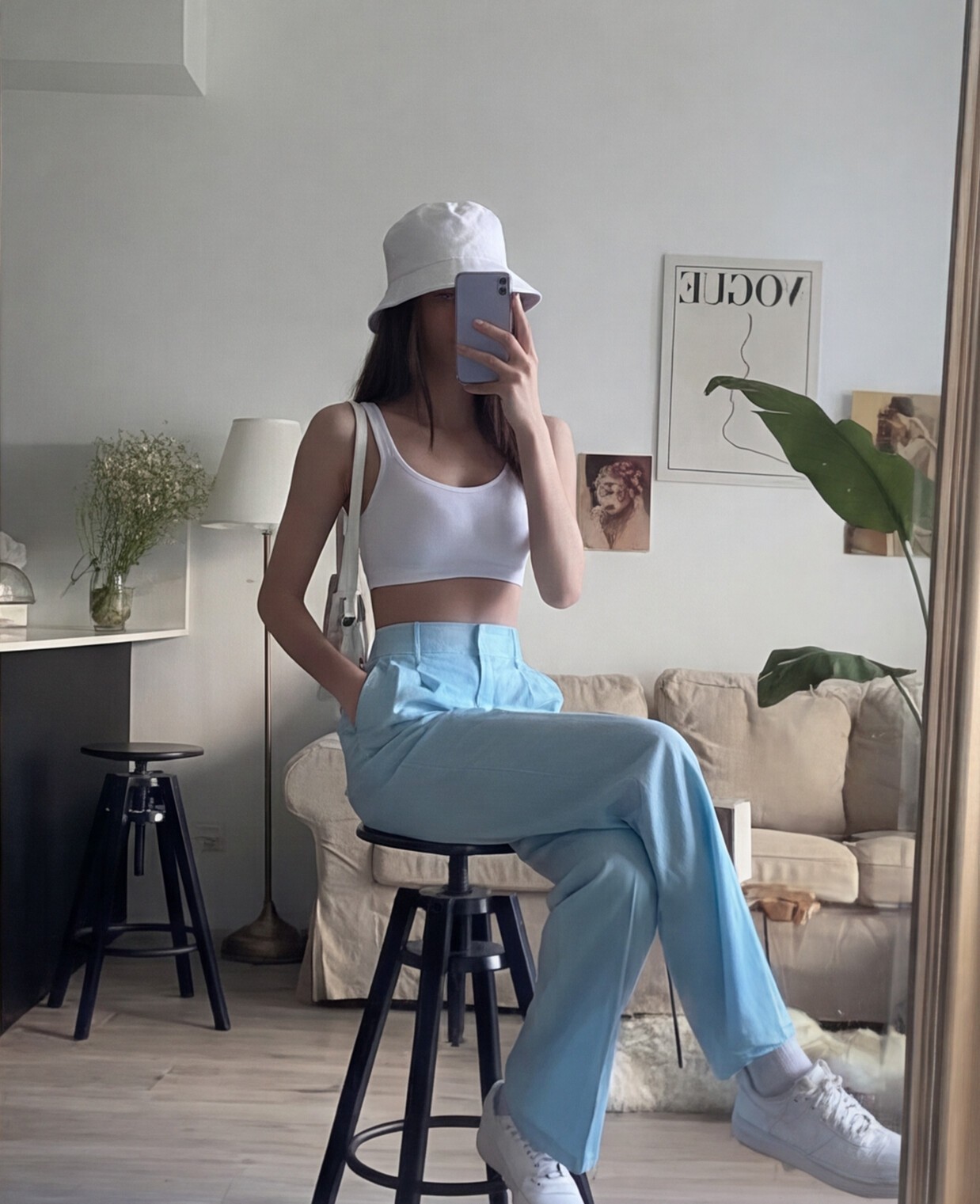 White Crop Top with Light Blue Wide Leg Jeans
