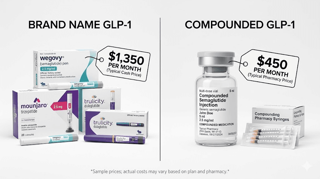 Brand name versus compounded GLP-1 medication cost comparison for patients without Anthem coverage