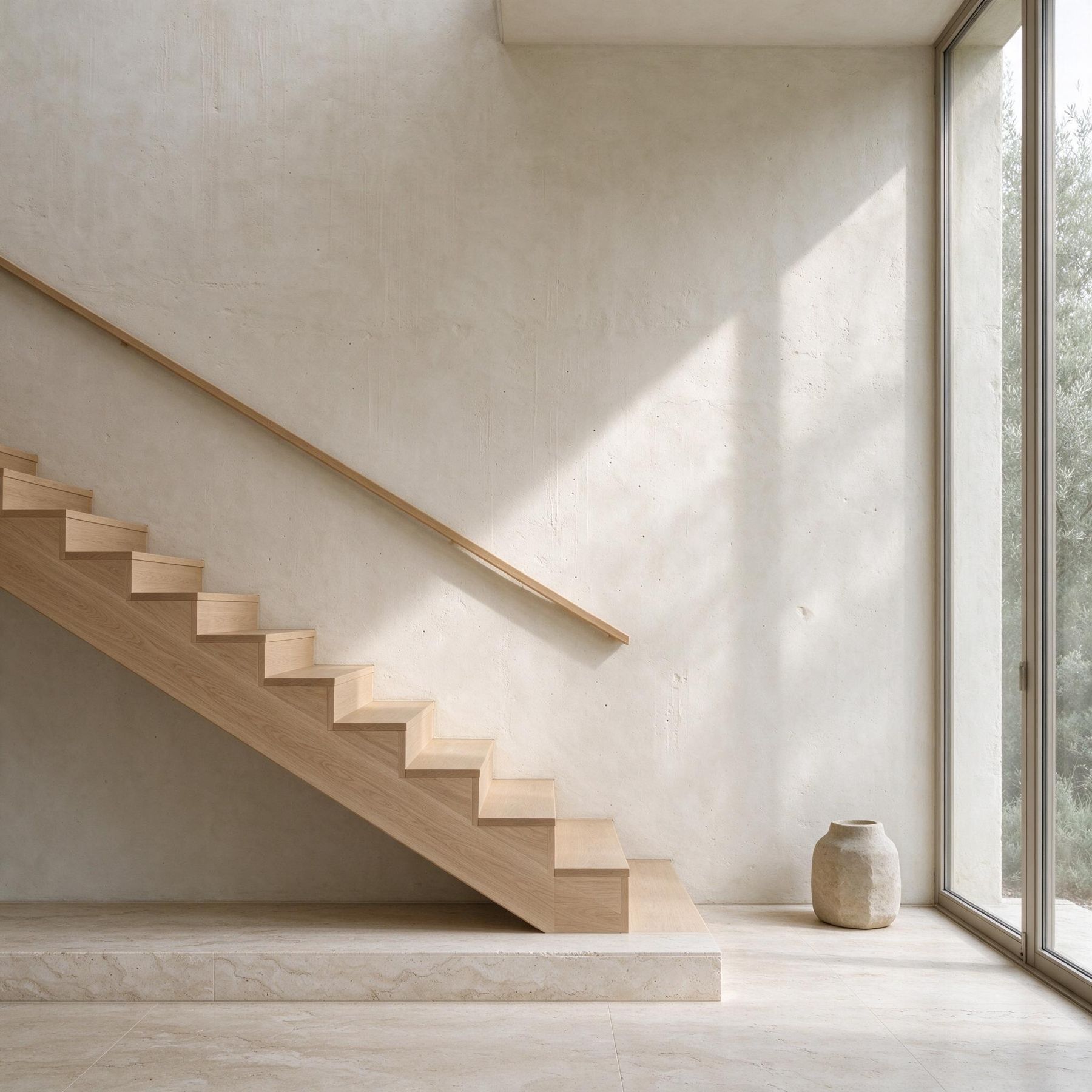 Oak staircase beside a tall window