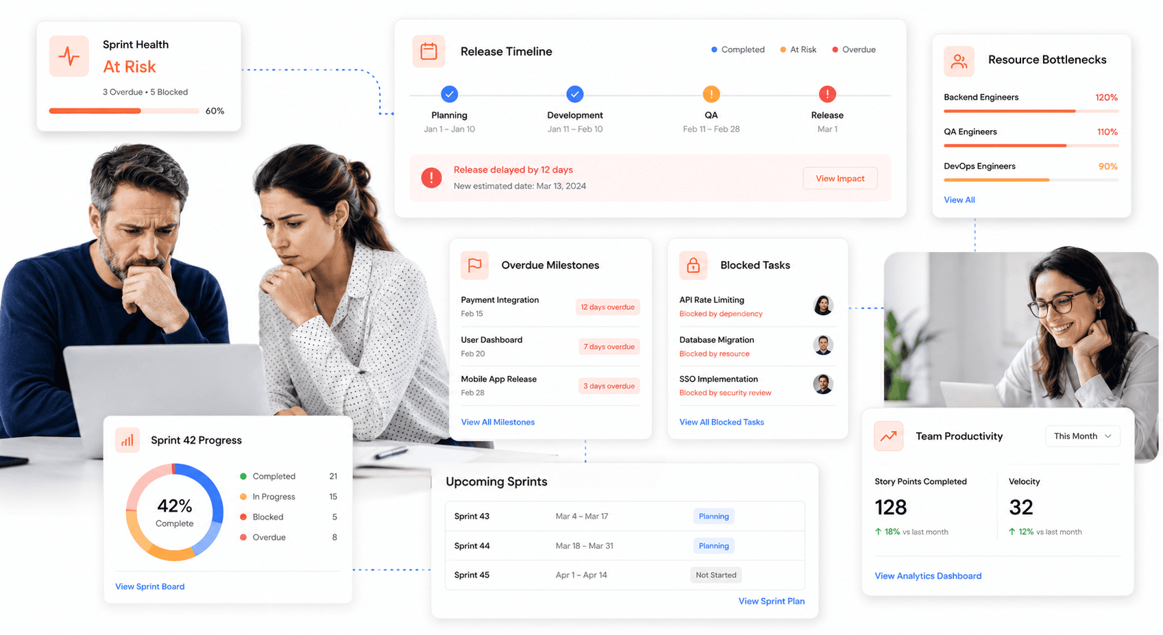 Software sprint planning dashboard with overdue release timelines, blocked development tasks, and delayed deployment schedules