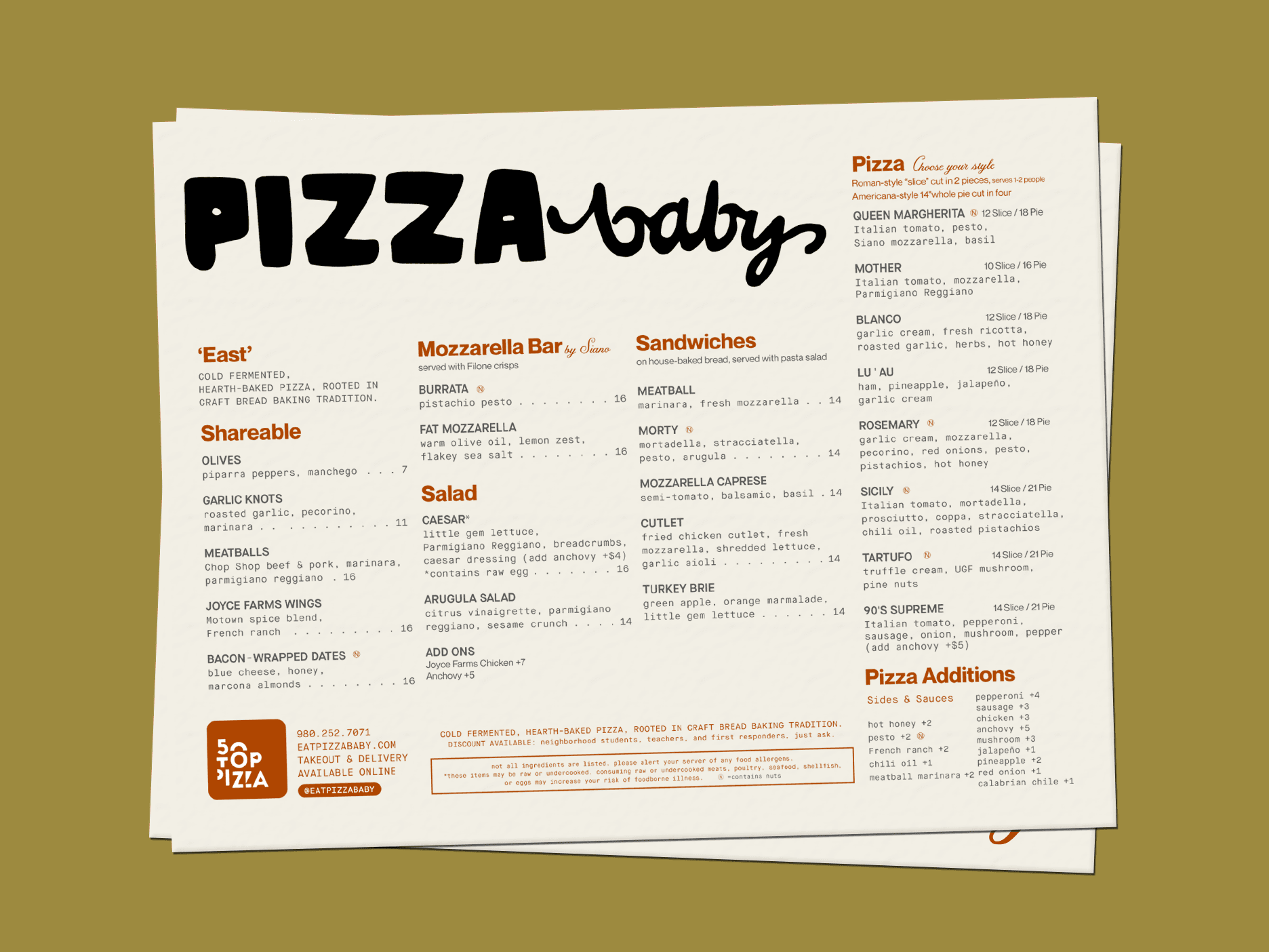 Pizza baby east location menu view
