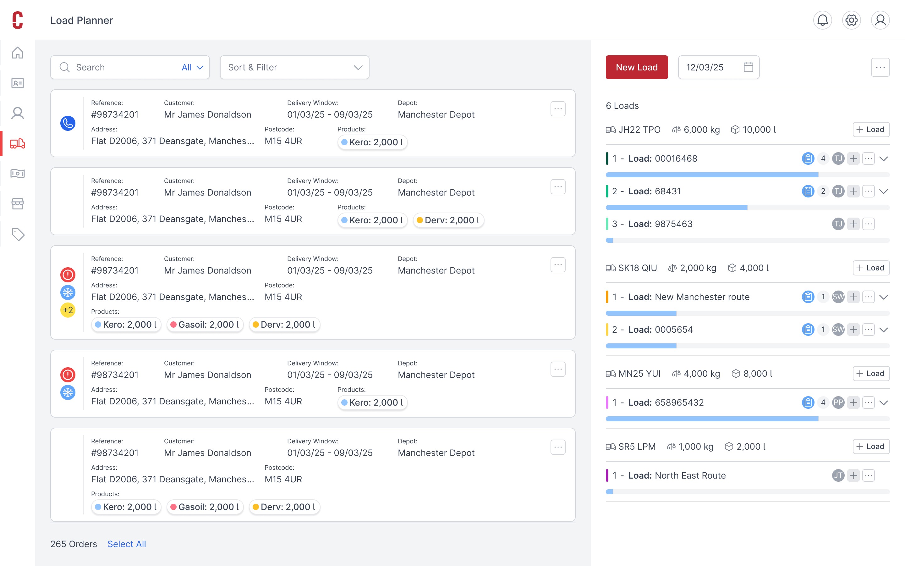 Image of CODAS 7 Load Planner screen displaying orders and planned routes