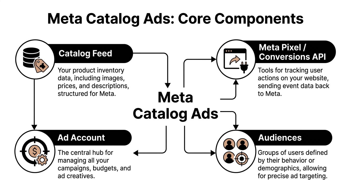A diagram illustrating the four core components of Meta Catalog Ads: Catalog Feed, Ad Account, Audiences, and Pixel.