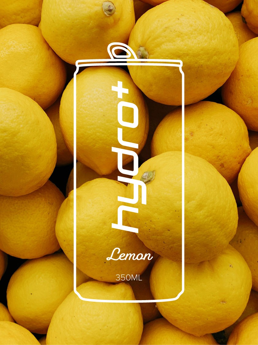Hydro Plus hydration drink branding showcasing a minimalist can outline over a vibrant Lemon background.