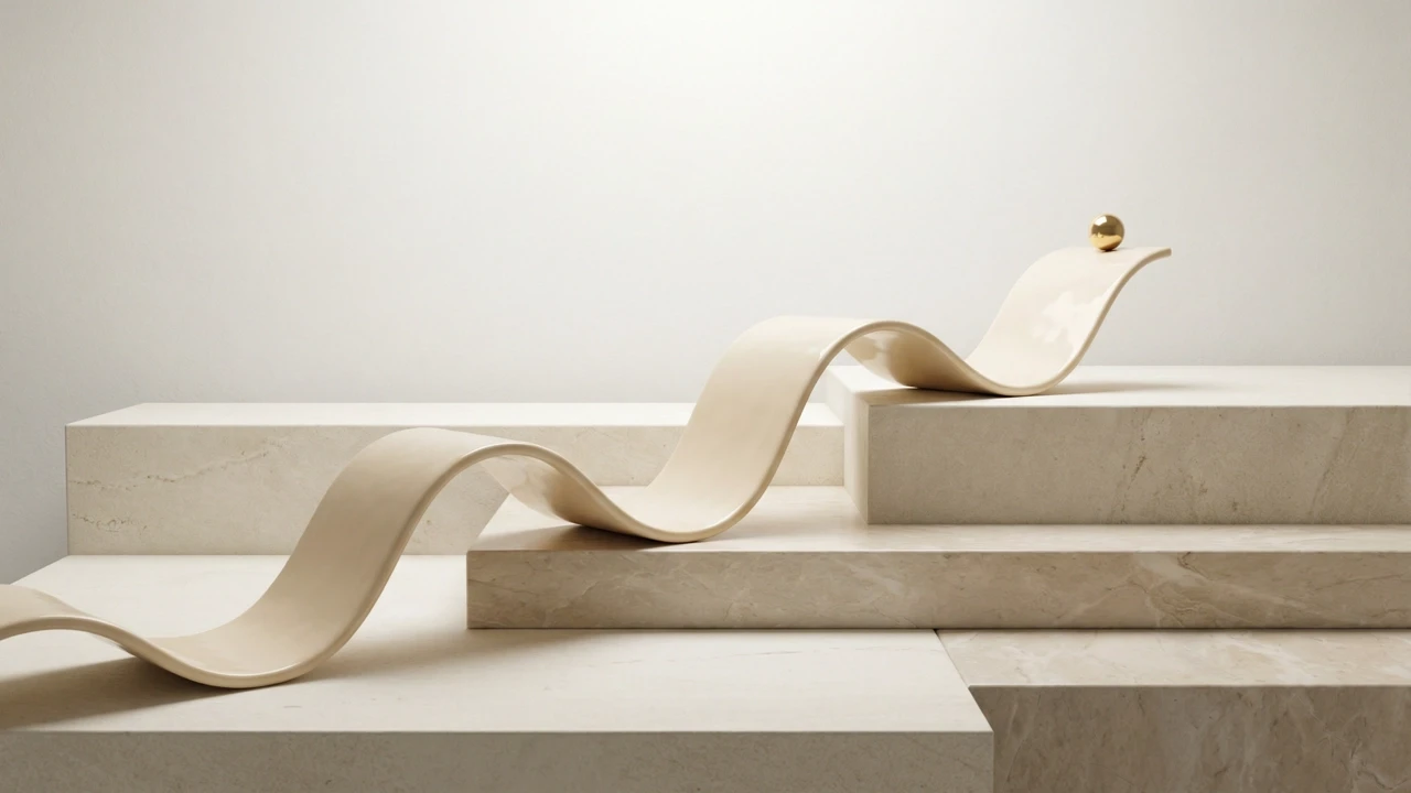 Abstract 3D rendering of a smooth, wavy cream-colored ribbon flowing across light stone blocks.
