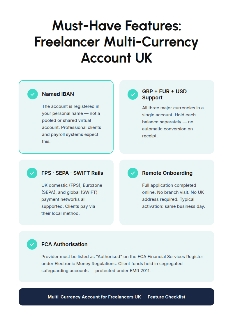 A feature checklist showing must-have criteria for a freelancer multi-currency account: named IBAN, GBP/EUR/USD support, FPS/SEPA/SWIFT rails, remote onboarding, FCA regulation