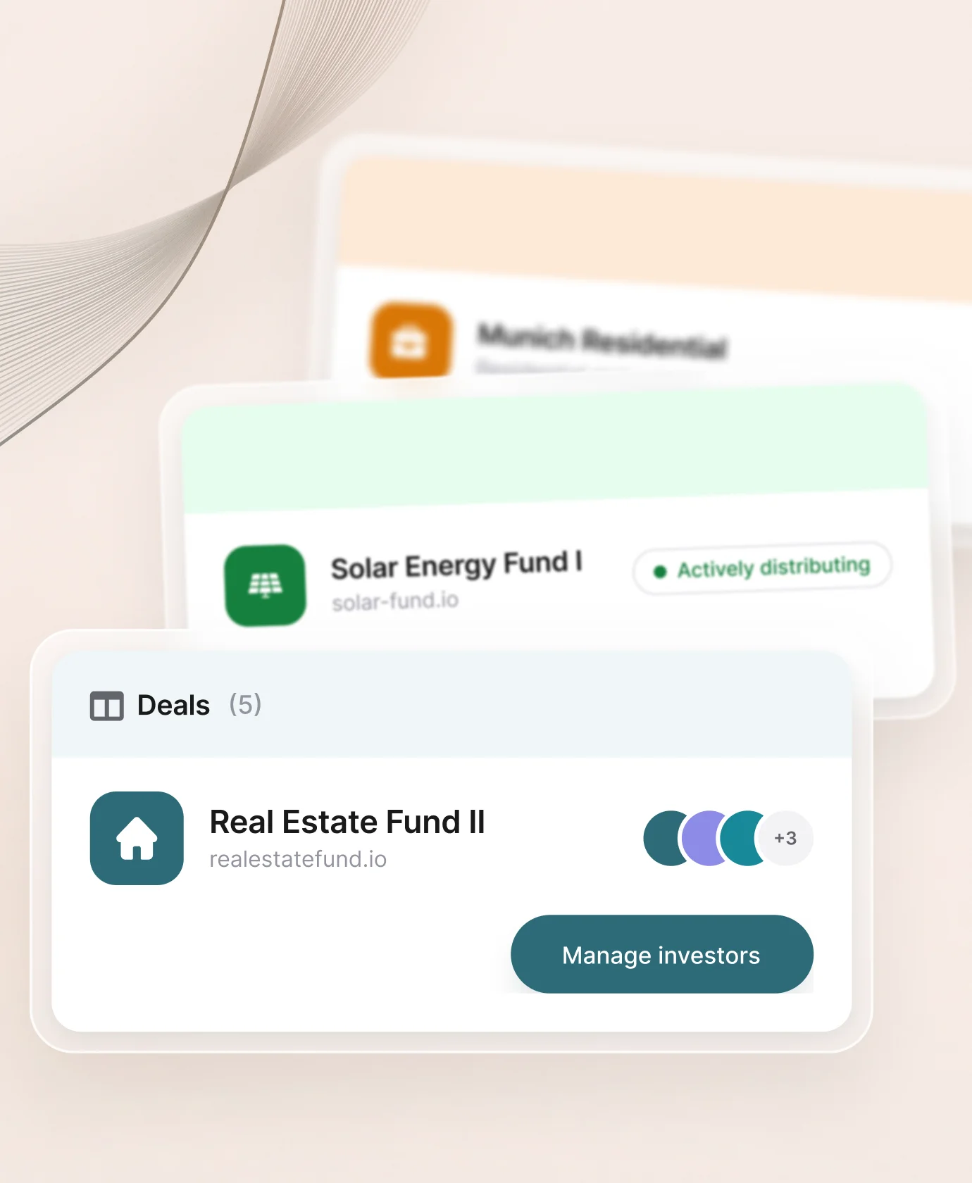 Deal-Cards für tokenisierte Immobilien- und Solarfonds, jeweils mit eigenem Investorenportal und Investorenmanagement.