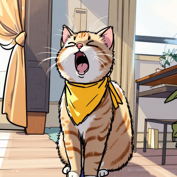 Adorable cartoon cat illustration created with AI pet cartoon filter technology, featuring an expressive tabby cat with an open-mouthed yawn or meow. The stylized feline wears a bright yellow bandana against a warm indoor setting with subtle home furnishings in the background. This digital artwork demonstrates the capability of AI algorithms to transform ordinary pet photographs into charming animated characters with enhanced personality and emotional expression. 