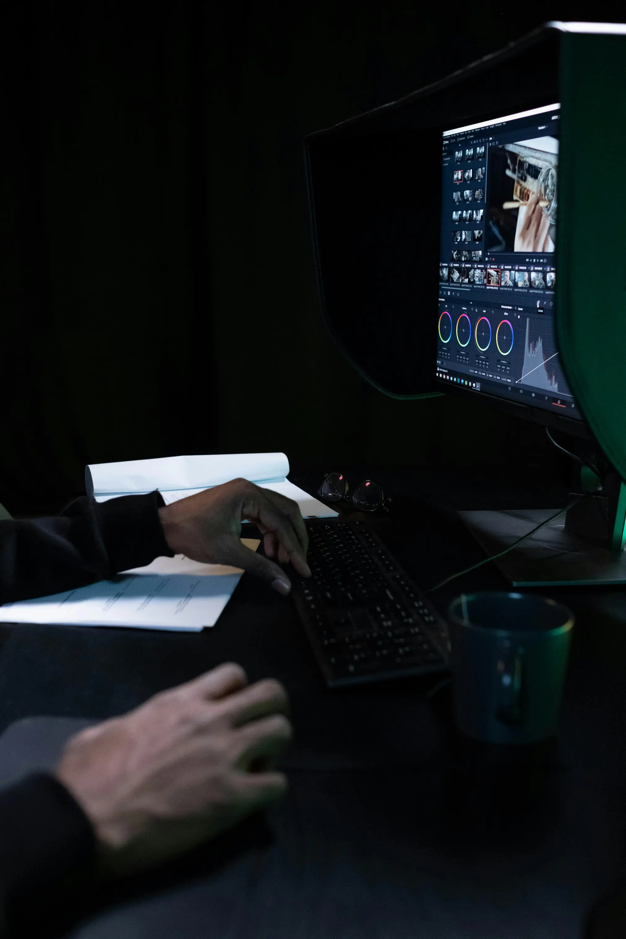 Hands color grading video on a hooded monitor in a dark room. A keyboard, papers, and a mug sit on the desk.