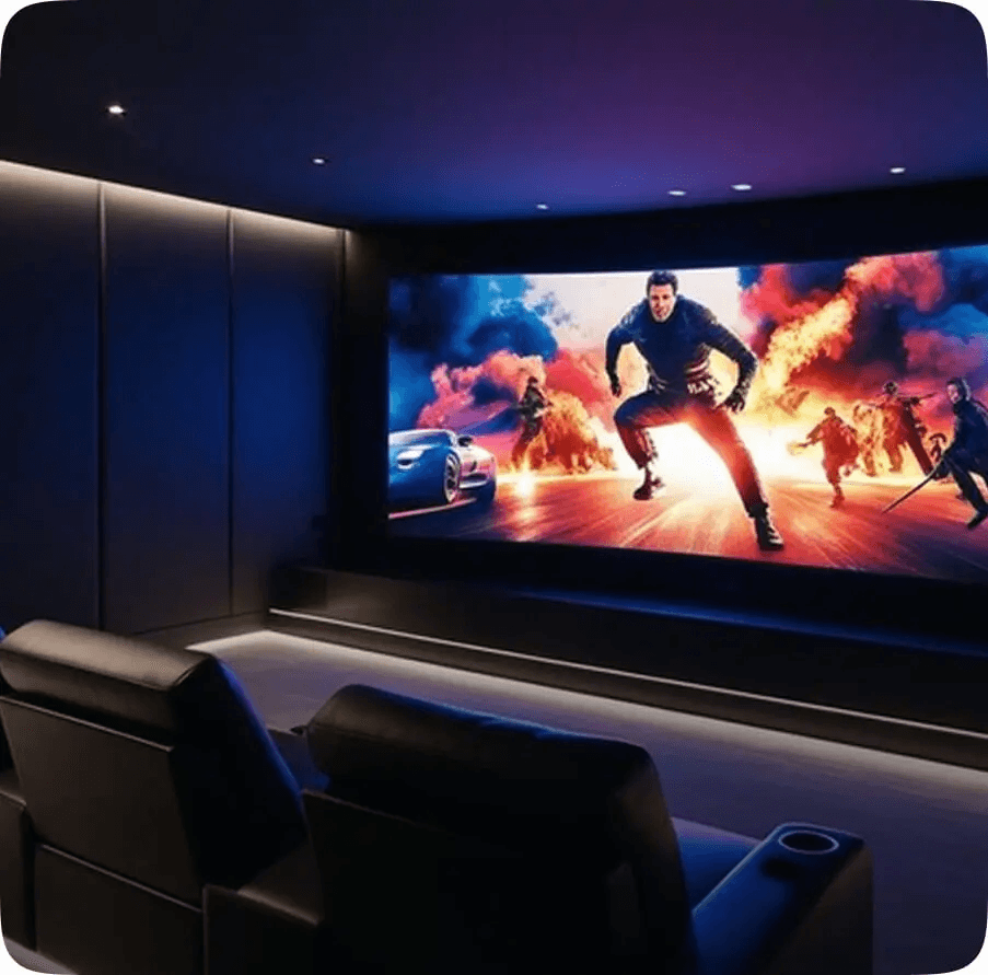 Luxury home cinema featuring an immersive Everglow LED video wall