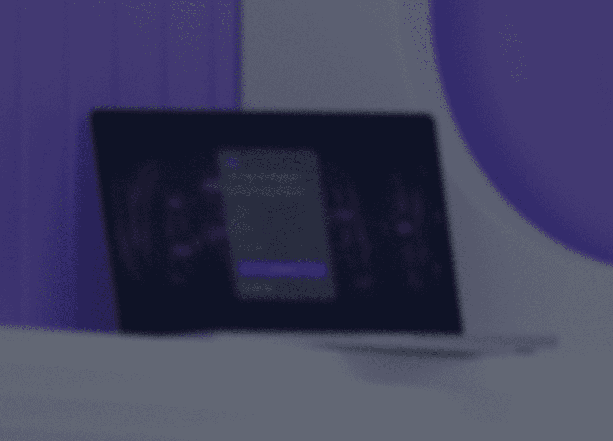 AI landing page displayed on a desktop monitor with a purple and blue visual system, featuring a centered product interface and modern 3D composition.