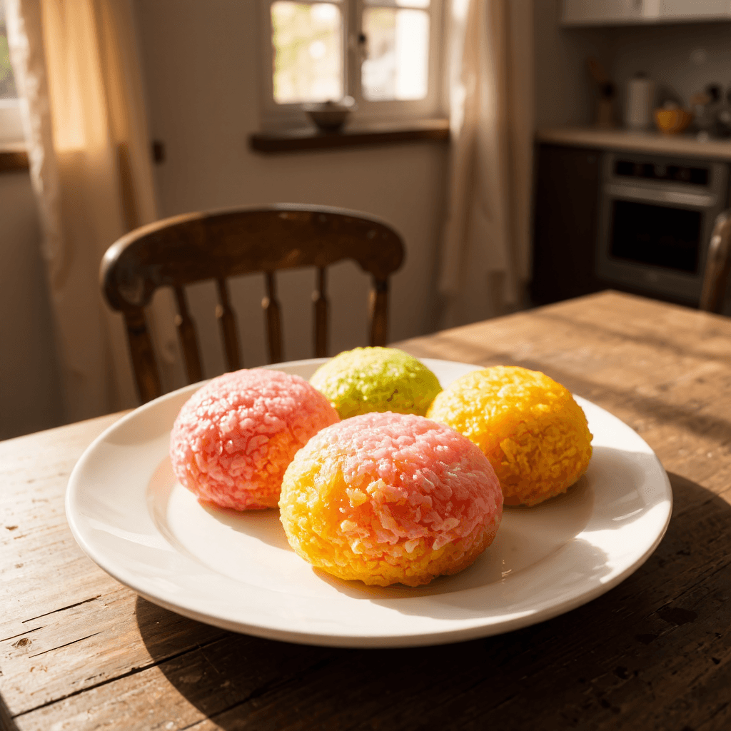 product photography of plate of colorful rice cakes